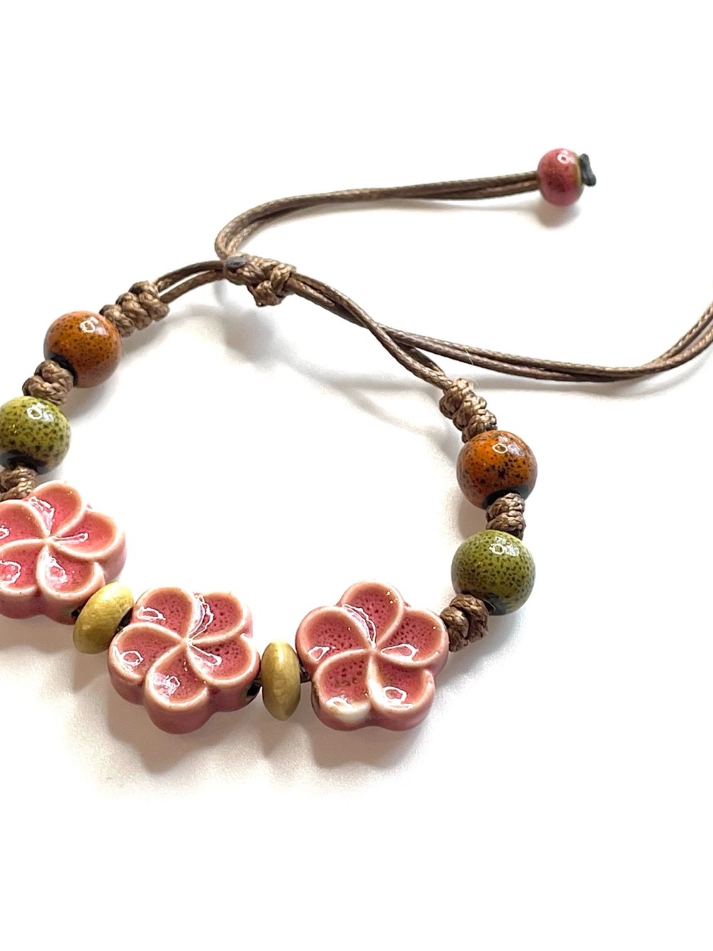 Pink Hibiscus Bracelet Flower beaded macrame green brown bohemian ceramic